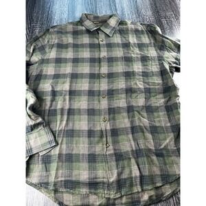 Perry Ellis Green Gray Plaid Button Down Shirt Men's XL Cotton Classic Casual